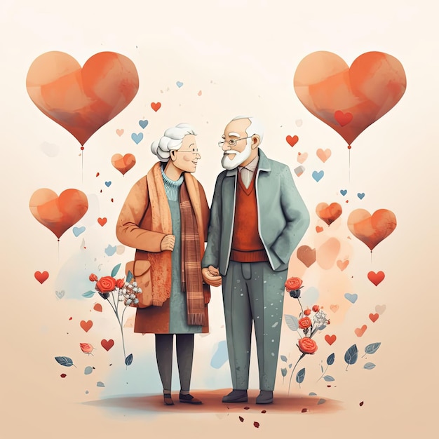 día de los abuelos con dos personas mayores que sostienen corazones en el estilo dinámico y expresivo