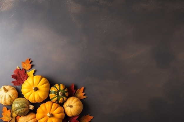 Día de Acción de Gracias o composición de otoño con hojas de naranjas de calabaza o comida de Acción de Gracias de pollo