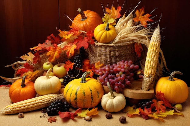 Día de acción de gracias otoño bodegón con calabazas callos y uvas ai generativo