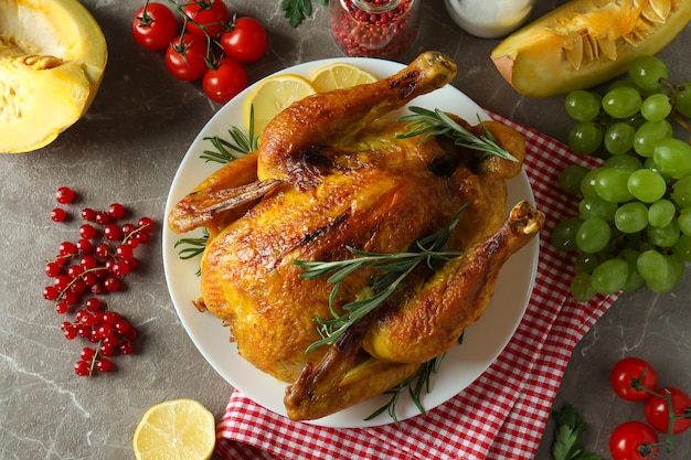 Día de acción de gracias pavo asado en mesa con textura gris