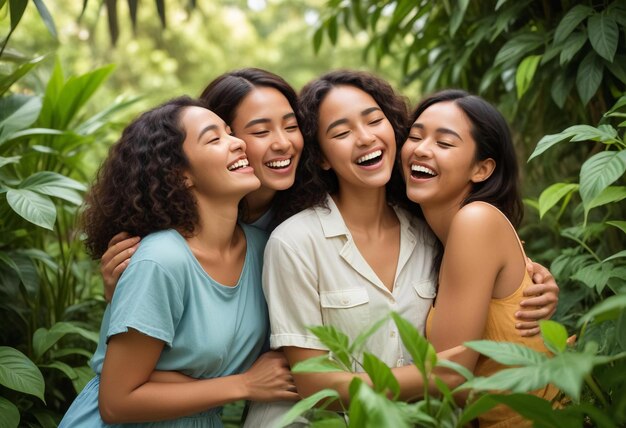 Foto día de la amistad tres chicas sonriendo y riendo en un bosque con hojas y una señal que