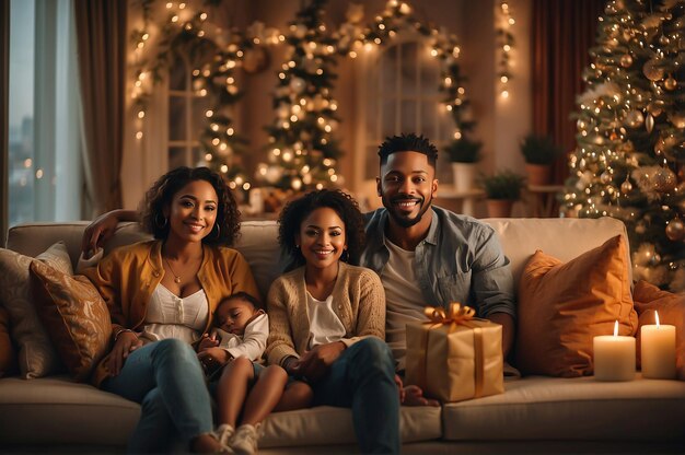 El día de Año Nuevo Cariñosa familia celebrando en la decoración moderna de la sala de salida