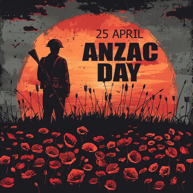 Día de Anzac un soldado de pie en un campo de flores con la puesta de sol en el fondo