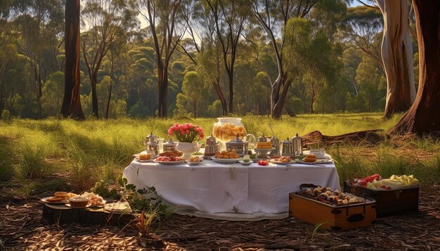 Foto día de australia una escena de picnic familiar en un parque nacional con una variedad de comida clásica australiana