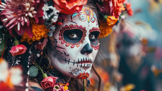 El día de la belleza muerta mujer con adornado maquillaje de cráneo de azúcar y cabello adornado con flores