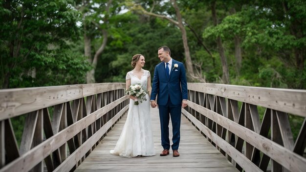 Foto el día de la boda del puente y el novio