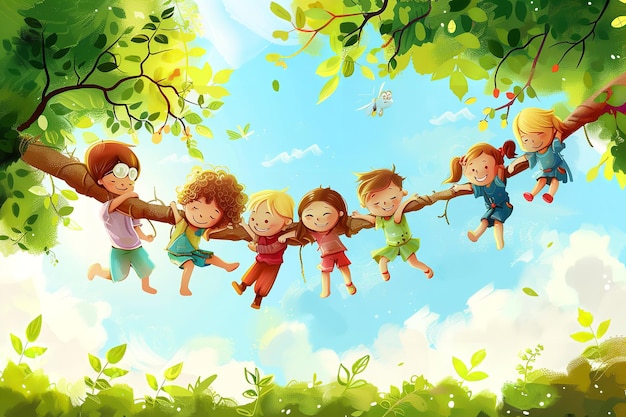 En un día brillante los niños estaban colgando de una rama de árbol figuras de dibujos animados vibrantes IA generativa