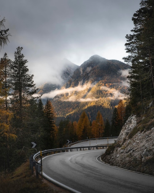 Día brumoso oscuro con carretera de montaña sinuosa vacía