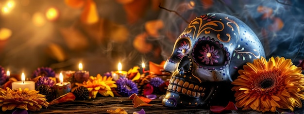 Día de la calavera de azúcar muerta y Ofrenda entre flores y luces