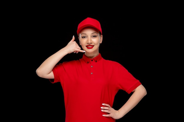 Día de la camisa roja niña sonriente haciendo gesto de llamada en una gorra roja con camisa con lápiz labial