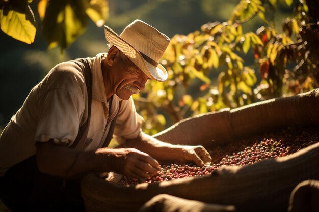 Foto un día en el campo con un granjero latino en la cosecha de café