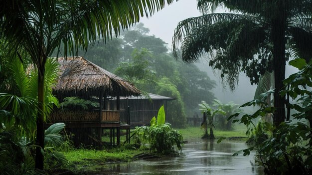 Foto dia chuvoso em uma aldeia florestal generative ai