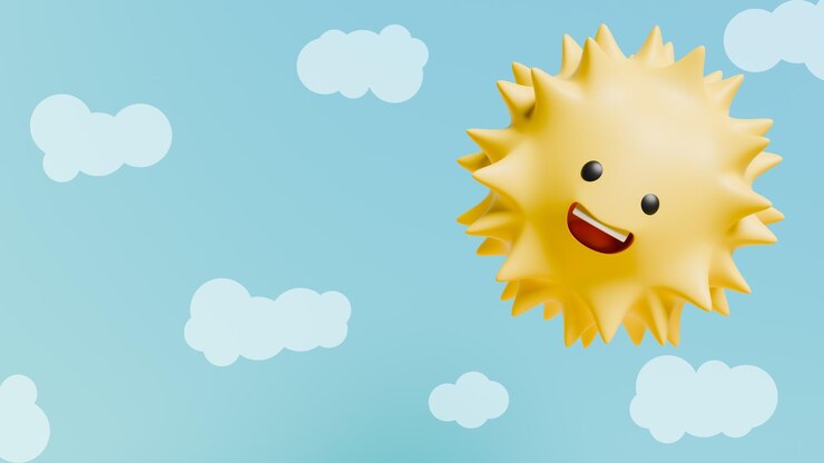 Foto dia com nuvens e um sol com olhos pretos e um sorriso em um céu azul tema de felicidade e calor
