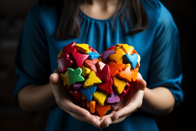 Día de concienciación sobre el autismo: manos y corazones abiertos con rompecabezas