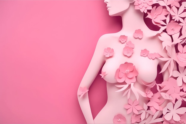 Día de concienciación sobre el cáncer de mama cortado en papel Cuerpo de mujer con flores en fondo rosado Creado con tecnología Generative Ai