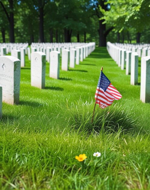 Día conmemorativo bandera estadounidense soldado veterano una bandera se coloca en la hierba en la tumba