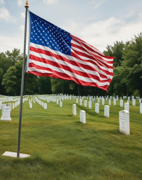 Día conmemorativo de Estados Unidos Bandera estadounidense Soldado veterano 4 de julio Una bandera ondea sobre las tumbas