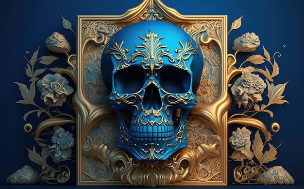 Día del cráneo colorido del altar muerto sobre fondo azul vivo dia de muertos