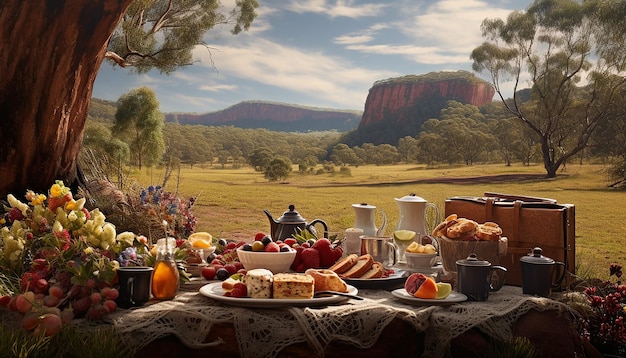 Foto dia da austrália uma cena de piquenique em família em um parque nacional com uma variedade de comida australiana clássica