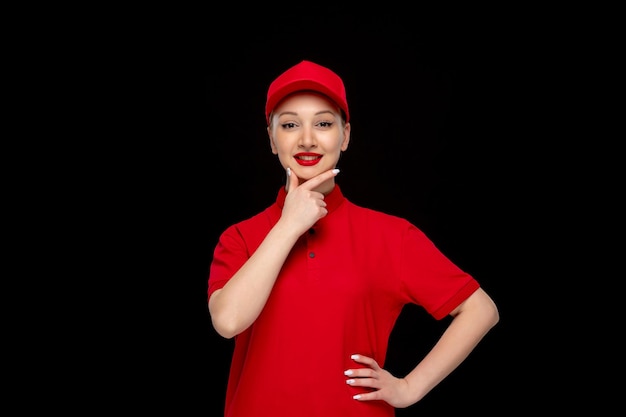 Dia da camisa vermelha linda garota tocando o queixo em um boné vermelho vestindo camisa com batom