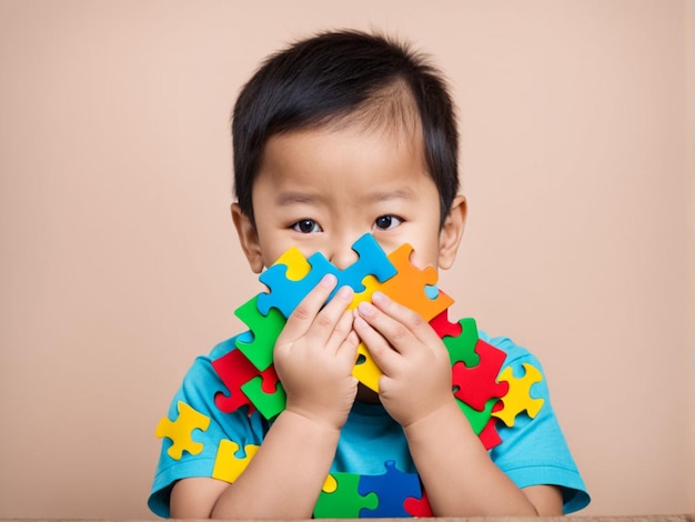 Dia da Conscientização sobre o Autismo, 2 de abril, retrato de um menino asiático bonito cobrindo o rosto com o