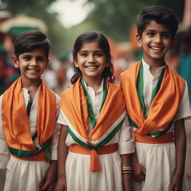 dia da independência comemore com pano de desgaste tradicional indiano em crianças sorridentes