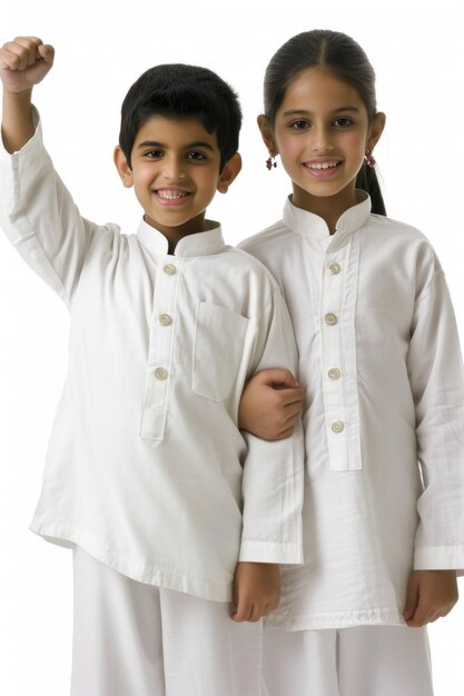 Foto dia da independência da índia menino e menina indianos de pé em roupas tradicionais brancas