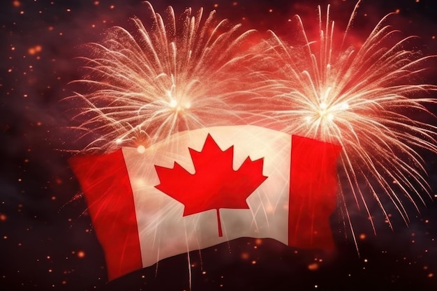 Dia da independência do Canadá uma bandeira canadense com fogos de artifício ao fundo