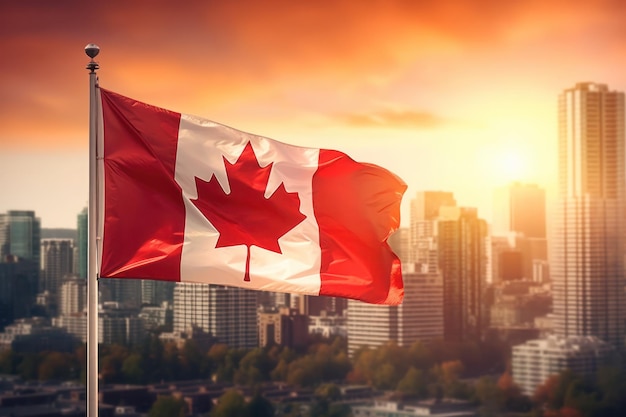 Dia da independência do Canadá, uma bandeira canadense tremula na frente de uma paisagem urbana