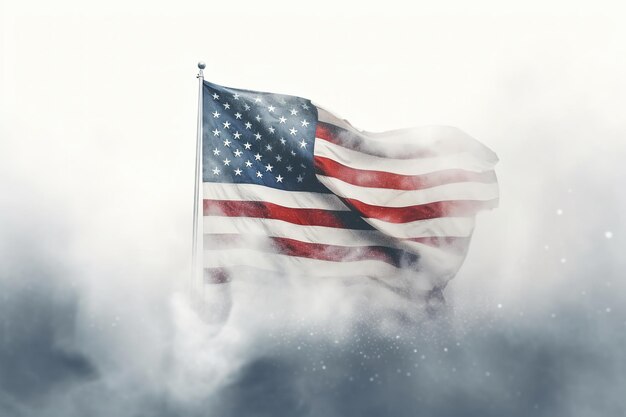 Dia da Independência dos Estados Unidos celebra com foto majestosa da bandeira nacional com fundo de nevoeiro branco