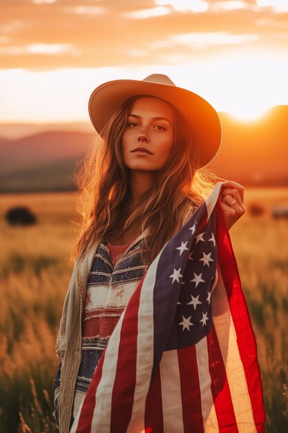 Dia da Independência uma mulher com uma bandeira americana