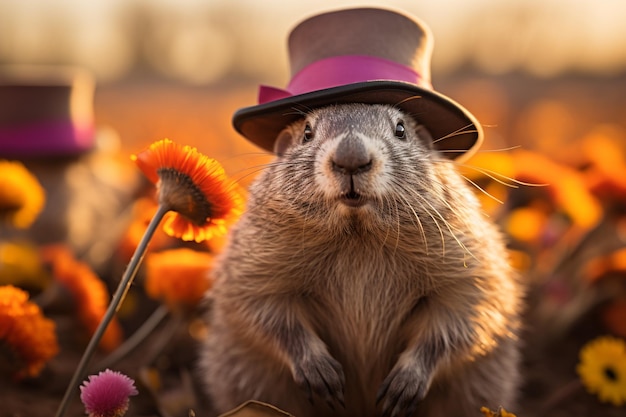 Dia da Marmota 2 de fevereiro Punxsutawney Phil chapéu feliz e sorridente folclore superstição previsão do tempo símbolo de antecipação para a mudança de estações banner cartão de saudação cópia de espaço