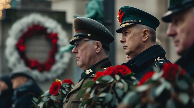 Dia da Memória dois homens em uniformes militares em frente a uma coroa de rosas vermelhas