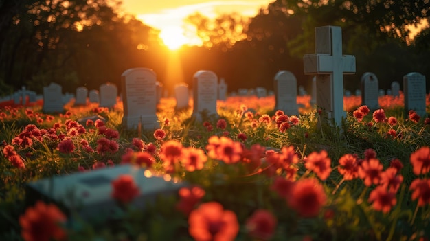 Dia da Memória Feriado nacional dos EUA Cemitério militar americano ao pôr do sol