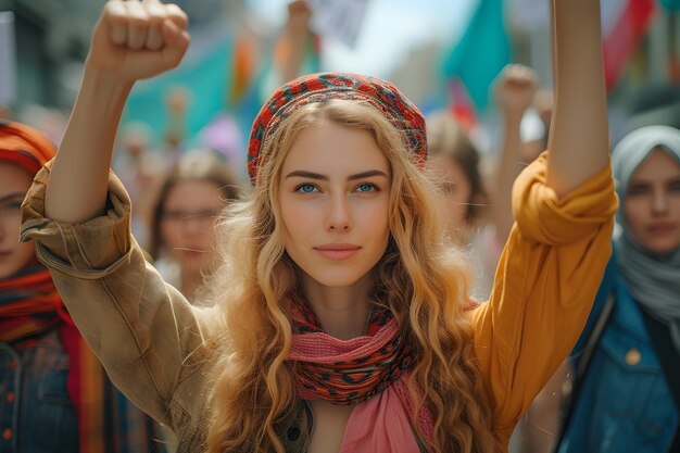 Foto dia da mulher dia internacional da mulher mulheres de diferentes raças levantem o punho para exigir seus direitos