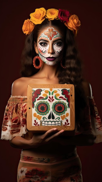 Dia da mulher mexicana morta segurando uma caixa de presente