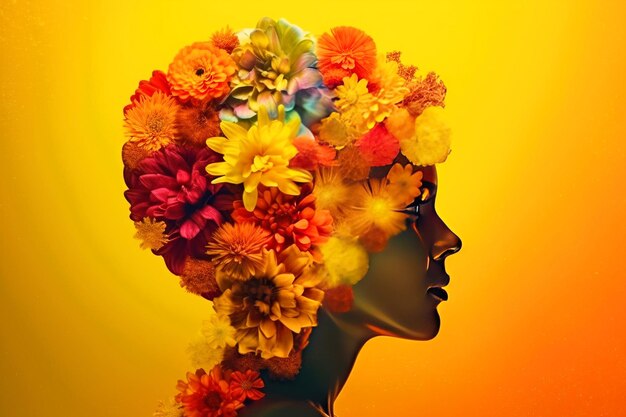 Dia da Saúde Mental cabeça feminina feita de flores coloridas pessoa fictícia criada com IA generativa
