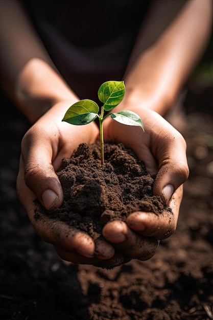 Dia da Terra do Meio Ambiente Entre suas duas mãos está o solo e o rebento Conceito de natureza ambiental