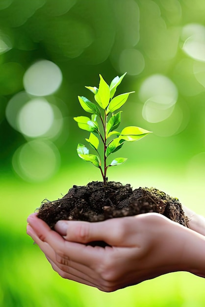 Dia da Terra do Meio Ambiente Nas mãos de árvores que cultivam mudas geradas