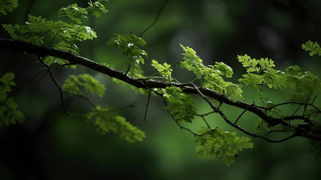 Dia da Terra e Dia Mundial do Meio Ambiente Primavera Folhas de árvores tropicais e galhos com belo fundo verde da floresta geram ai