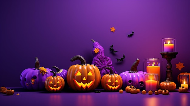 dia das bruxas sorriso assustador abóboras felizes suporte velas e morcegos violeta