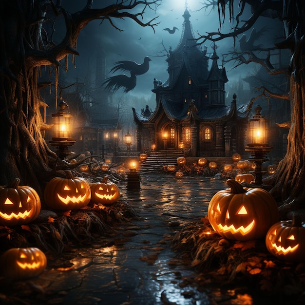 Dia das Bruxas Spooky Magic Halloween Castle em meio a noites assustadoras de outubro em um mundo de fantasias góticas