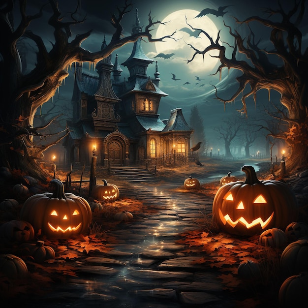 Dia das Bruxas Spooky Magic Halloween Castle em meio a noites assustadoras de outubro em um mundo de fantasias góticas