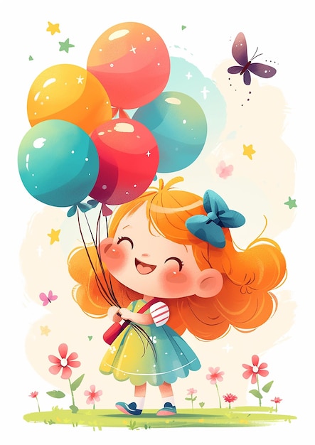 Dia das Crianças Uma menina está segurando um monte de balões e sorrindo Os balões são de diferentes cores e a menina está vestindo um vestido com flores