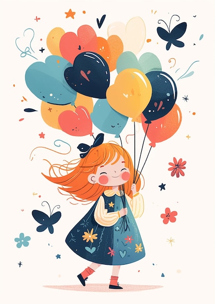 Dia das Crianças Uma menina está segurando um monte de balões e sorrindo Os balões são de diferentes cores e a menina está vestindo um vestido com flores
