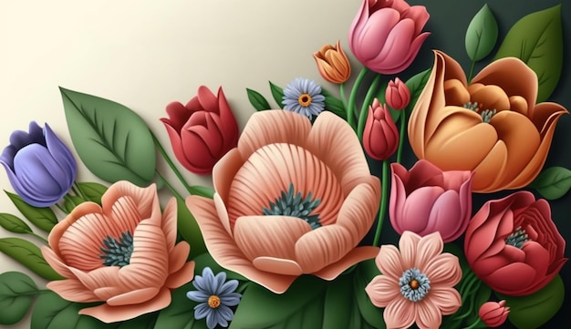 Dia das mães com imagens realistas de flores coloridas com folhas de caules verdes