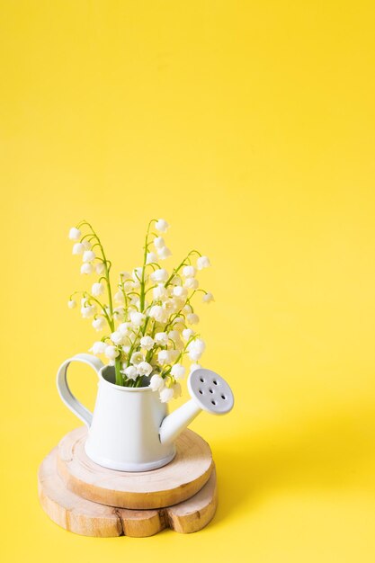 Dia das mães da primavera ou 8 de março composição de natureza morta com buquê de lírios do vale em um regador decorativo