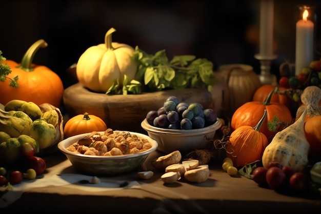 Dia de Ação de Graças ou composição de outono com folhas de abóbora laranja ou frango comida de Ação de Graças