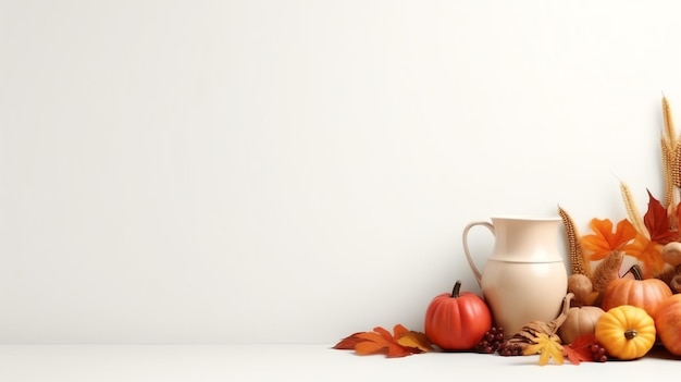 Dia de Ação de Graças ou composição de outono com folhas de abóbora laranja ou frango comida de Ação de Graças