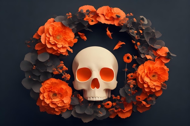 Dia de Halloween do crânio morto com flores em um círculo estilo de arte de papel ai gerado fundo